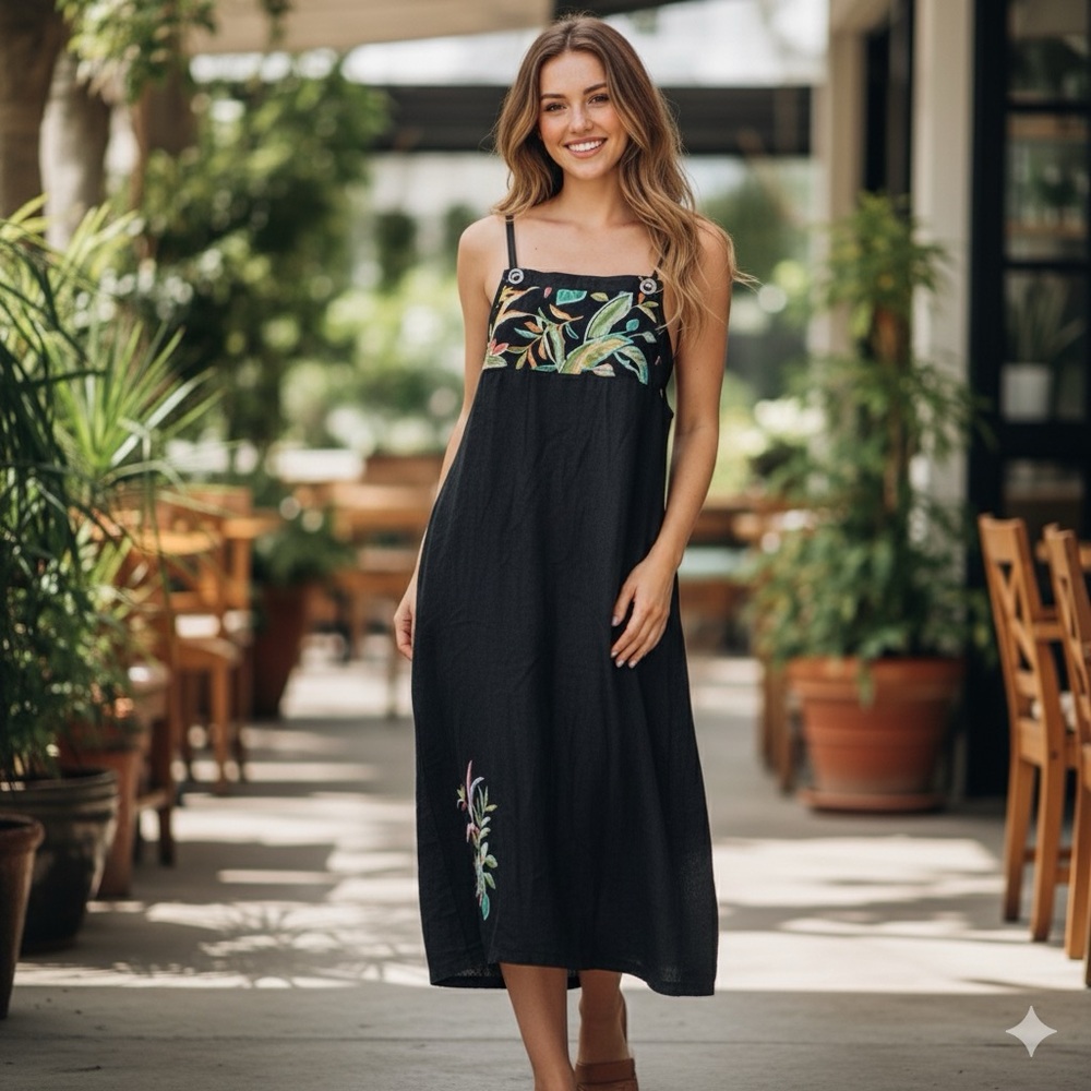 Koos Of Course Women Overall Jumper Maxi Dress Size M Denim Charcoal Gray Floral